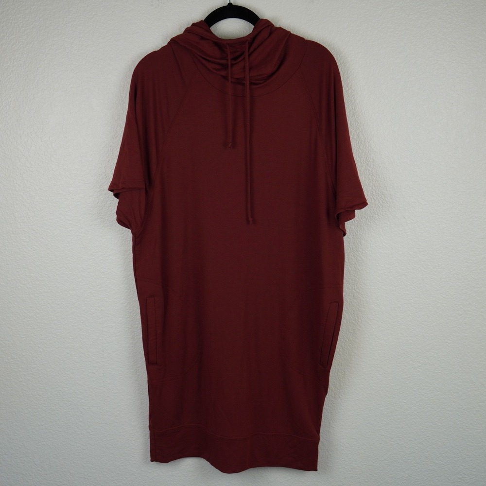 Prana Womens Burgundy Cowl Neck Short Sleeve Hoodie Dress Size S Modal Casual